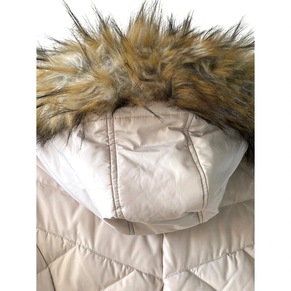 Jones New York Women's Cream Quilted‎ Faux Fur Hood Puffer Coat Size S